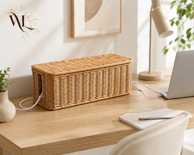 May include: A rectangular light brown woven rattan cable management box with a removable lid. The box features a vertical side opening for cords to pass through, designed to conceal power strips and electrical cables on a desk surface.
