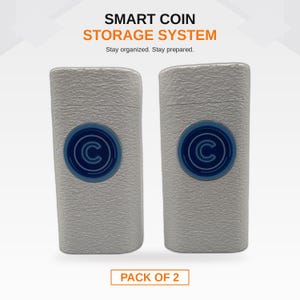 May include: Two white textured coin storage containers with rounded edges. Each container features a circular blue emblem on the front with a letter C in the center. The text SMART COIN STORAGE SYSTEM, Stay organized. Stay prepared. and PACK OF 2 appear.