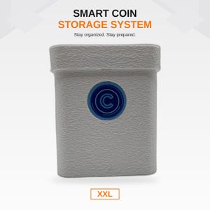 May include: A white rectangular coin storage container with a textured surface. The front features a circular blue logo with a letter C in the centre. Above the container, the text reads SMART COIN STORAGE SYSTEM. Stay organised. Stay prepared. XXL.