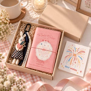 Peut inclure: Un coffret cadeau contenant un carnet rose avec le texte Flower Sleep, un porte-clés lapin en peluche portant une robe à carreaux noirs et blancs, et une carte de vœux blanche avec une illustration de feu d'artifice et le texte Best wishes.