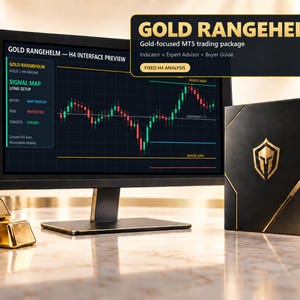 May include: A computer monitor displays a financial trading chart with the text GOLD RANGEHELM H4 INTERFACE PREVIEW. Next to it stands a black box with a gold Spartan helmet logo. Gold bars are positioned to the left of the monitor.