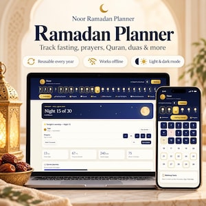 Op de afbeelding: Een digitale Noor Ramadan Planner weergegeven op een laptopscherm en een smartphone, met een donkerblauwe interface en gouden accenten, voor het bijhouden van vasten, gebeden, Koran en dua's, inclusief de tekst "Noor Ramadan Planner".
