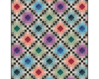 May include: A quilt featuring a repeating geometric pattern of diamond shapes in shades of pink, purple, blue, and green. Each diamond is surrounded by a light-colored border, with a grid of small black and white squares separating the shapes.