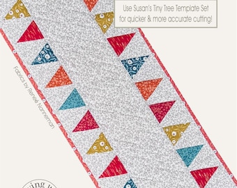 May include: A rectangular table runner featuring a gray floral print center bordered by a red trim and a series of colorful triangular fabric pennants in red, teal, and gold. Text includes #353, Sewing With Susan, Banner Day!, 14" x 44".