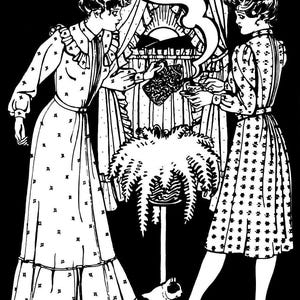 May include: A black and white line art illustration depicting two figures in long patterned dresses. One figure pours from a teapot into a cup held by the other. A fern sits on a pedestal between them, with a cat standing below and a window behind.