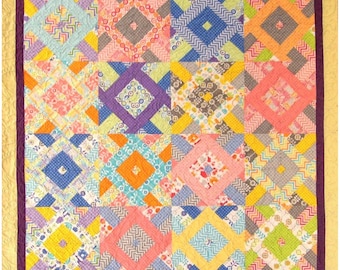 May include: A square patchwork quilt featuring a grid of sixteen blocks, each with a central diamond surrounded by multi-colored fabric strips. The quilt displays a vibrant array of patterns and colors, finished with a dark purple inner border.