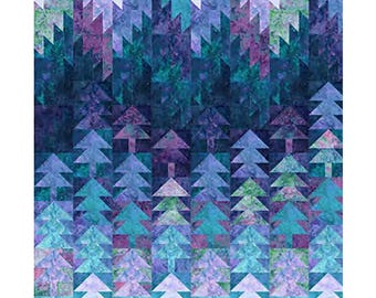 May include: A rectangular quilt featuring a repeating pattern of stylized evergreen trees arranged in vertical columns. The design uses a gradient color palette transitioning from light lavender and teal at the bottom to deep navy and purple at the top.