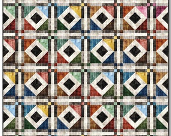 May include: A square quilt featuring a repeating geometric pattern of black diamonds centered within white frames. The design includes a grid of dark, textured vertical and horizontal bands accented with small, multicolored squares at intersections.