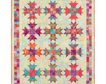 May include: A rectangular quilt featuring a repeating star pattern in vibrant shades of pink, purple, orange, and teal. The central design is set against a light, marbled background and framed by a multi-colored, small-square checkered border.