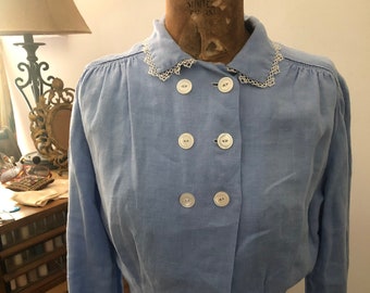 Exquisite Edwardian 1900s antique cornflower blue cotton linen blouse sz xs/s