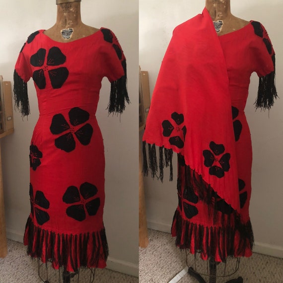 1940s red fringe and flower cha cha dancer dress/… - image 1