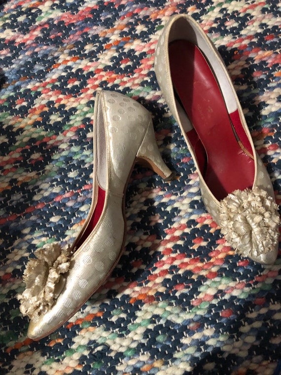 1950s metallic magical polka dot silk high heel p… - image 2