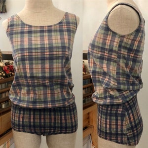 1970s madras plaid smocked body suit/ romper Sz xs/s