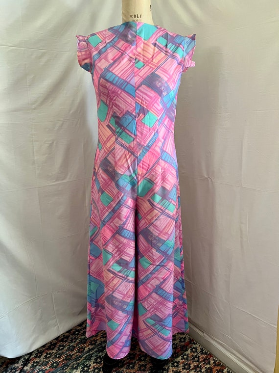 1970s vintage pink abstract print wide leg jumpsu… - image 2