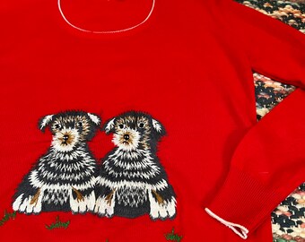 1970s vintage knit embroidered doggie crewneck sweater Sz s/m/l