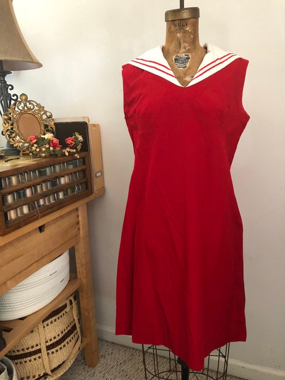 1960s red and white sailor shift dress Sz M - image 5