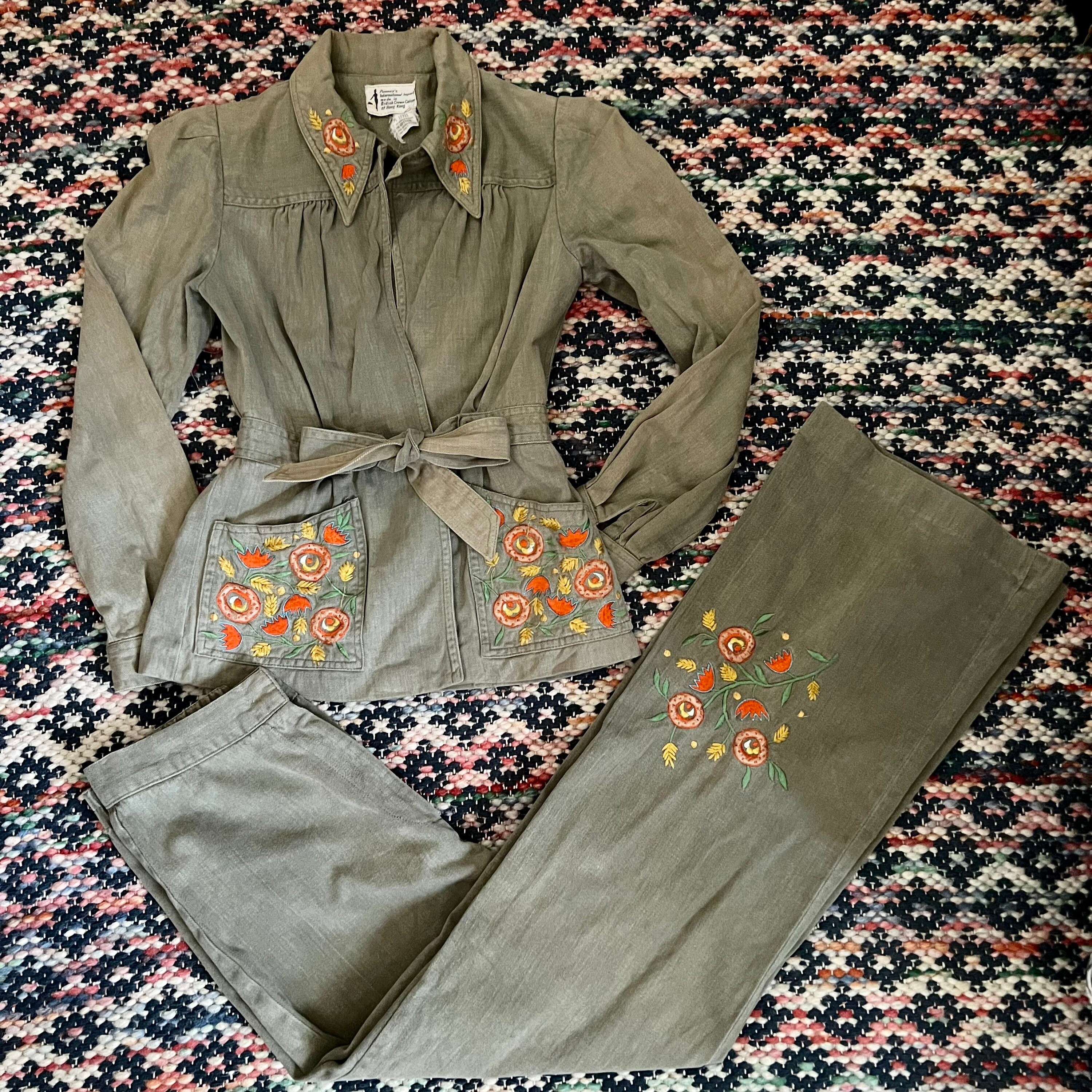 1970s Olive Green Embroidered Jacket and Pants Set Sz S - Etsy UK 1970s Olive Green Embroidered Jacket and Pants Set Sz S - Etsy UK