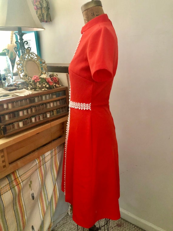 1960s/70s bright red poly & lace mod a-line dress… - image 5