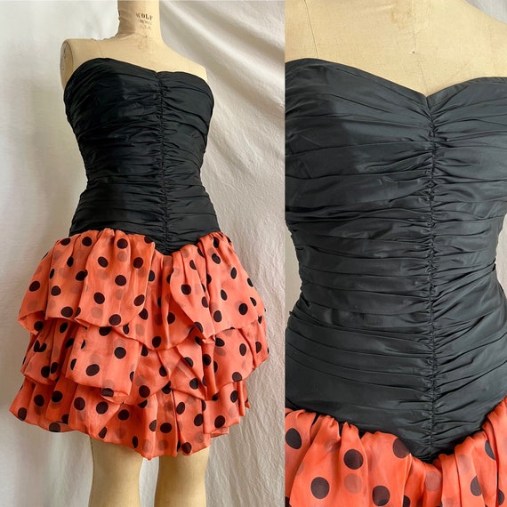 1980s strapless ladybug polka dot party dress sz … - image 2