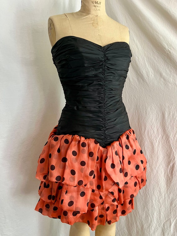 1980s strapless ladybug polka dot party dress sz … - image 3