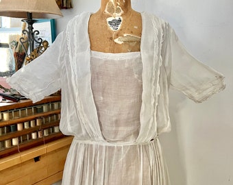 Edwardian 1910s sheer white cotton voile tea dress Sz s/m