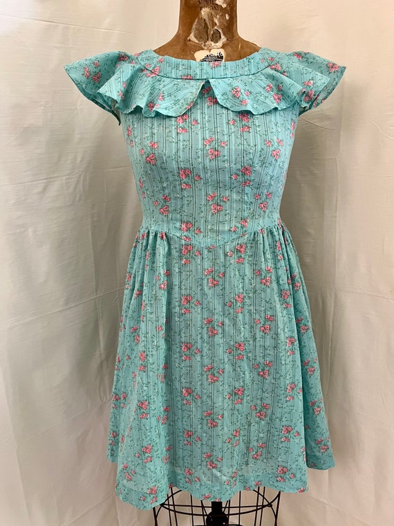 1970s sweet ruffle floral teal cotton party dress Sz s