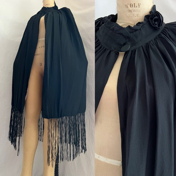 Antique 1920s black silk cape with fringe - image 1