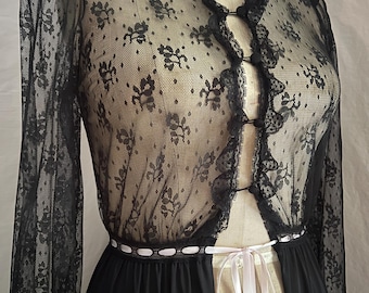 1970s vanity fair black lace robe duster sz xxs-xs