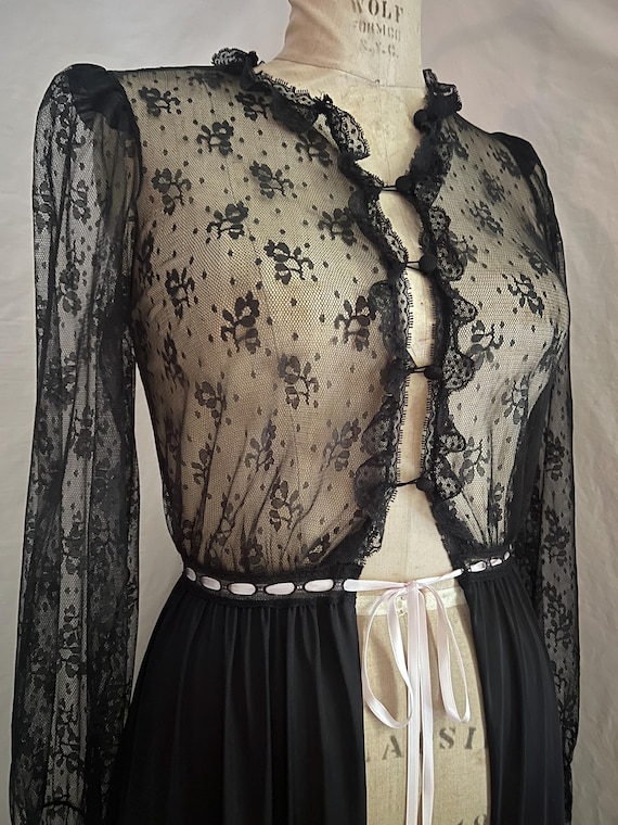 1970s vanity fair black lace robe duster sz xxs-xs