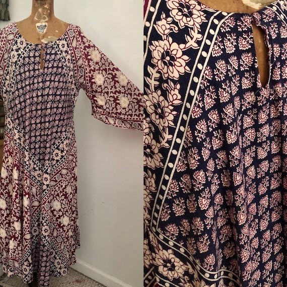 1970s block print Indian cotton angel wing maxi d… - image 1