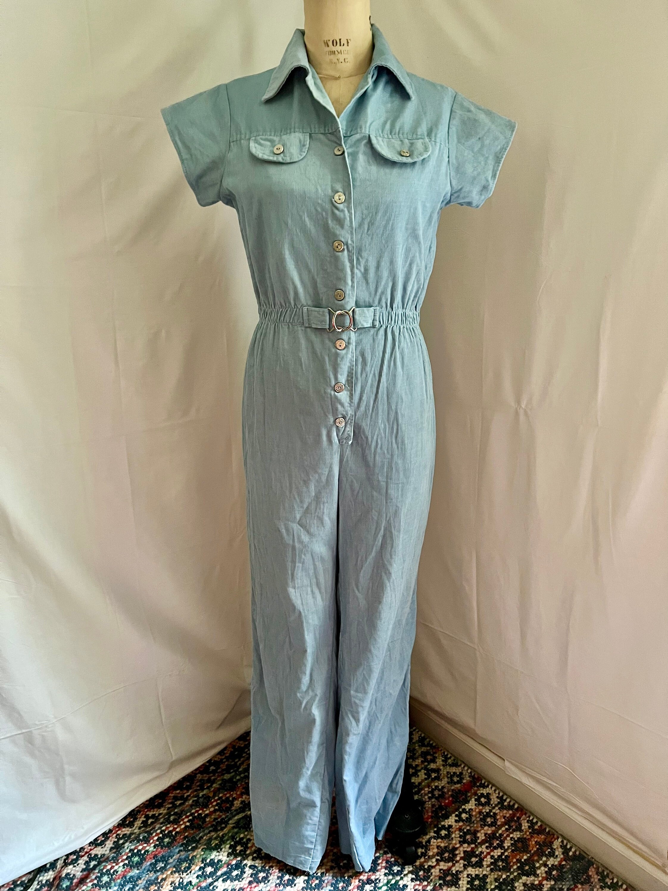 1970s Vintage Kemington Express Corduroy Light Blue Jumpsuit
