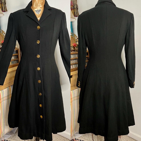 1940s/50s sleek black knit button down princess overcoat Xxs/xs/s