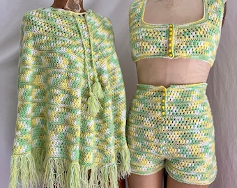 1960s crochet hot shorts crop top poncho matching set Sz xs-m