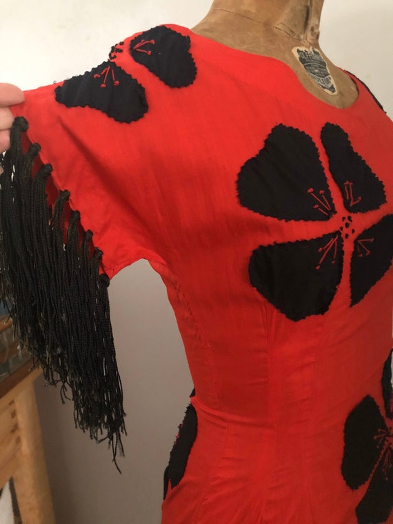 1940s red fringe and flower cha cha dancer dress/… - image 3