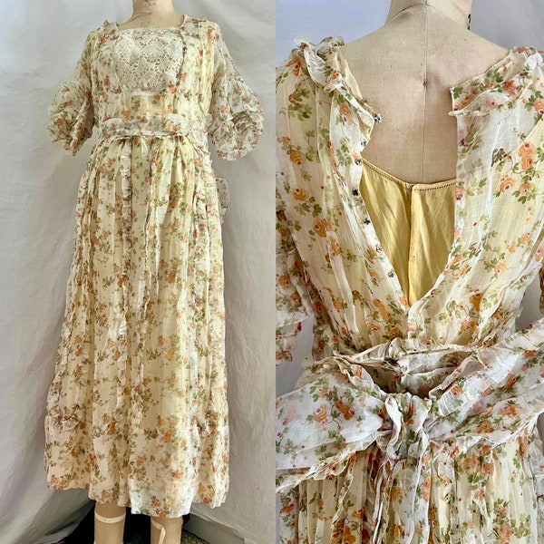 1910s antique cotton voile floral gown sz s/m