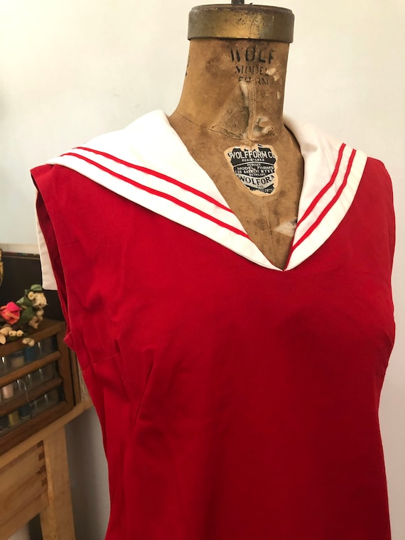 1960s red and white sailor shift dress Sz M - image 6