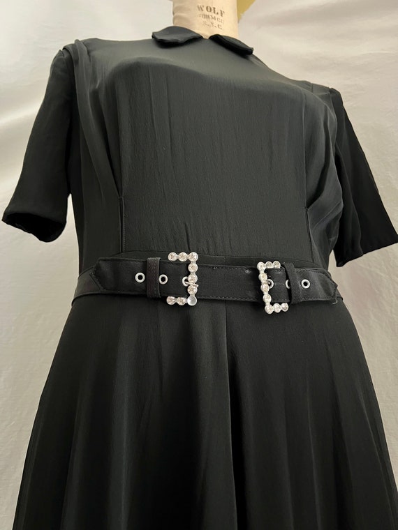 1940s rayon crepe collared Black dress with rhinestone belt 1940s rayon crepe collared Black dress with rhinestone belt