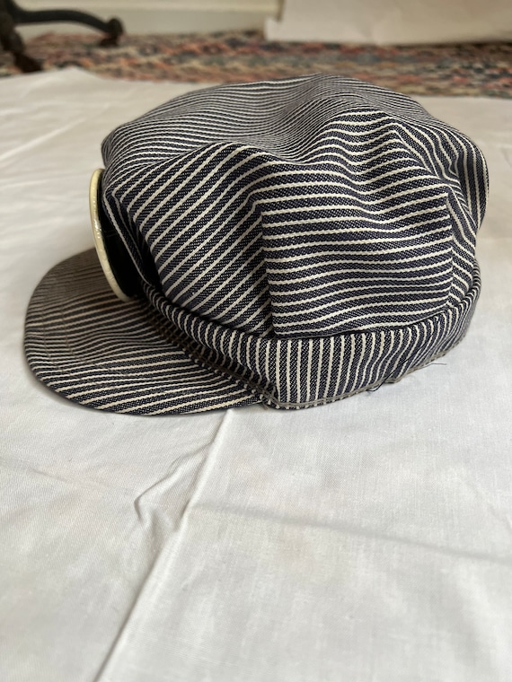 1970s kids hickory striped railroad engineer cap