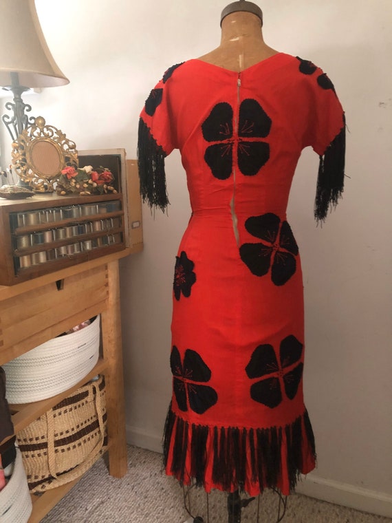 1940s red fringe and flower cha cha dancer dress/… - image 5