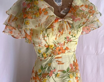 1970s yellow floral ruffle dream dress Xs/s