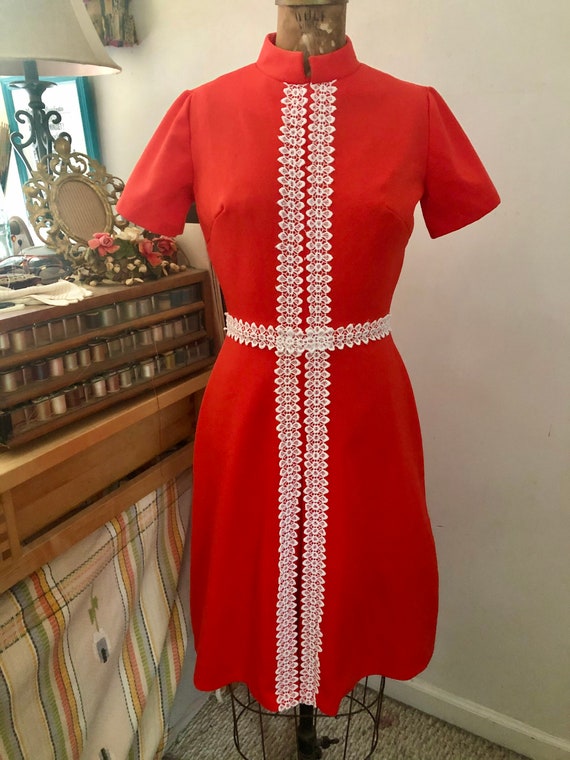 1960s/70s bright red poly & lace mod a-line dress… - image 1