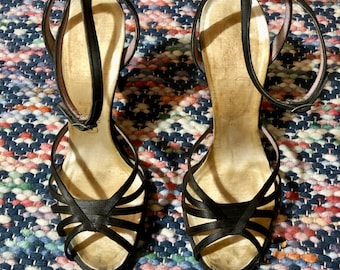1950s black satin strappy cage front heels 8/8.5