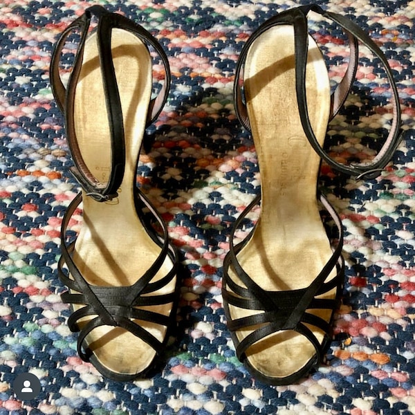 1950s black satin strappy cage front heels 8/8.5