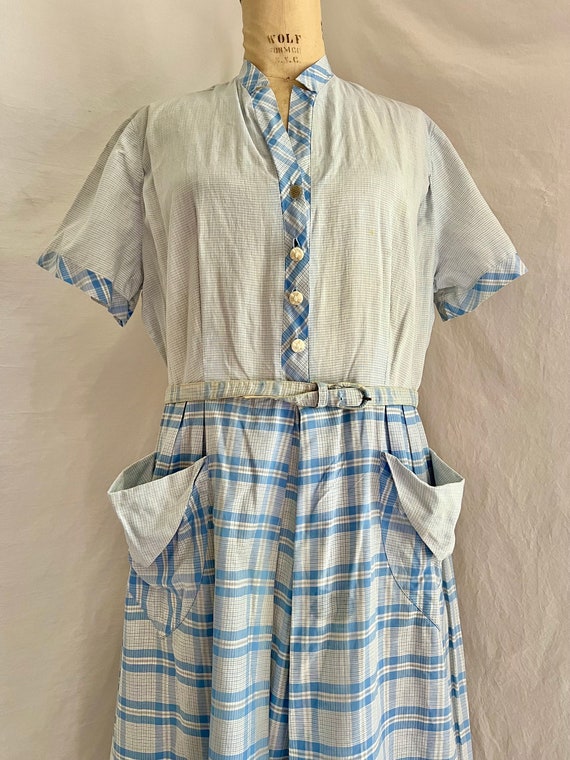 1940s cotton dress 1940s Beal Young Cotton Feedsack Blue Plaid Day Cotton Dress Sz L