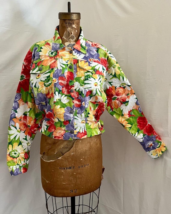 1990s Rhonda Stark floral print denim jacket Sz m… - image 1