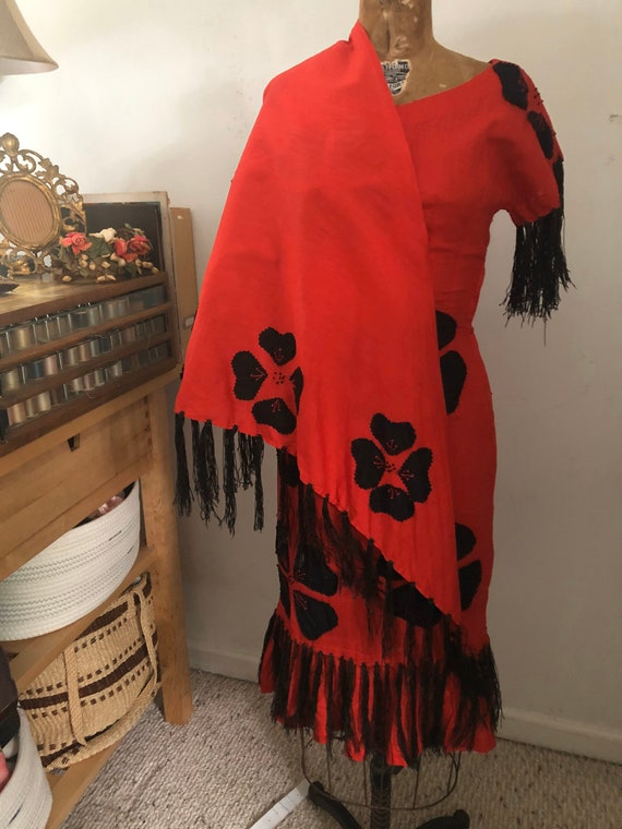 1940s red fringe and flower cha cha dancer dress/… - image 4