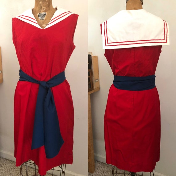 1960s red and white sailor shift dress Sz M - image 1