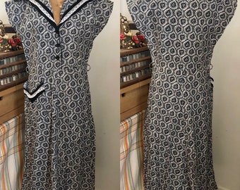 1940s black and white cotton day dress Sz xs/s/m