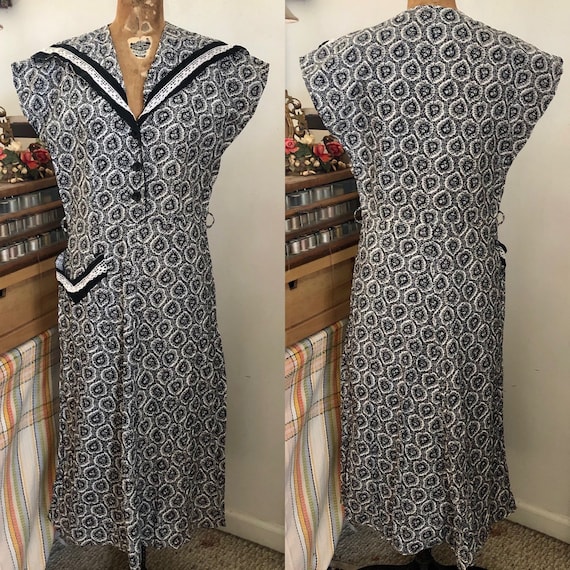 1940s black and white cotton day dress Sz xs/s/m - image 1