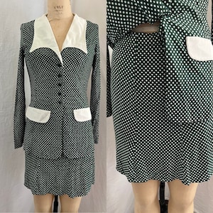 1970s vintage hunter green polka dot skirt suit matching set Sz s